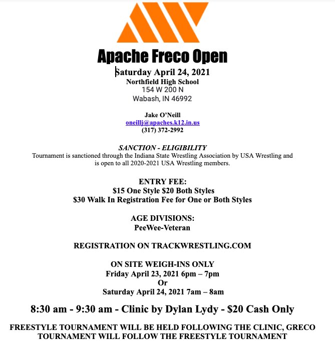 ApaxWrestling's tweet photo. We will be hosting our Freco Open at Northfield HS on April 24, along with added mini clinic prior with Dylan Lydy! https://t.co/paQqKvwRIa