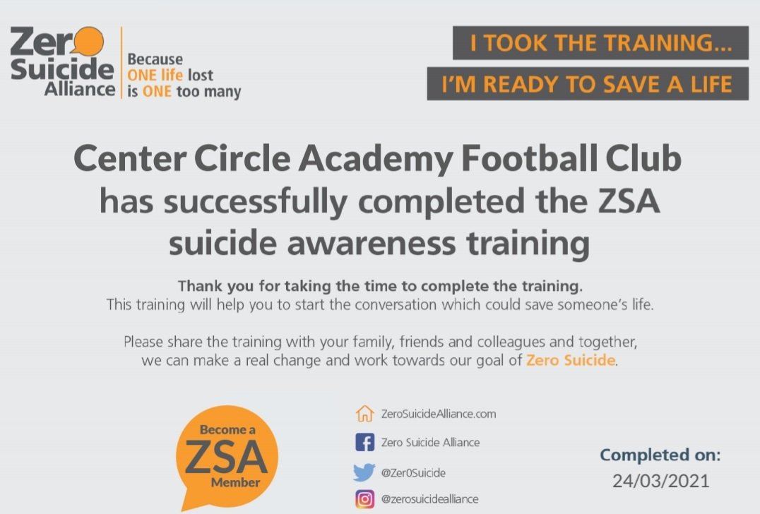 CenterCircleAFC's tweet photo. We've completed our @zer0suicide awareness training.

Equip yourself with the skills to help someone who’s struggling with suicidal thoughts. Help break the stigma associated with suicide.

#shiningalightonsuicide https://t.co/utxTIrT3MQ