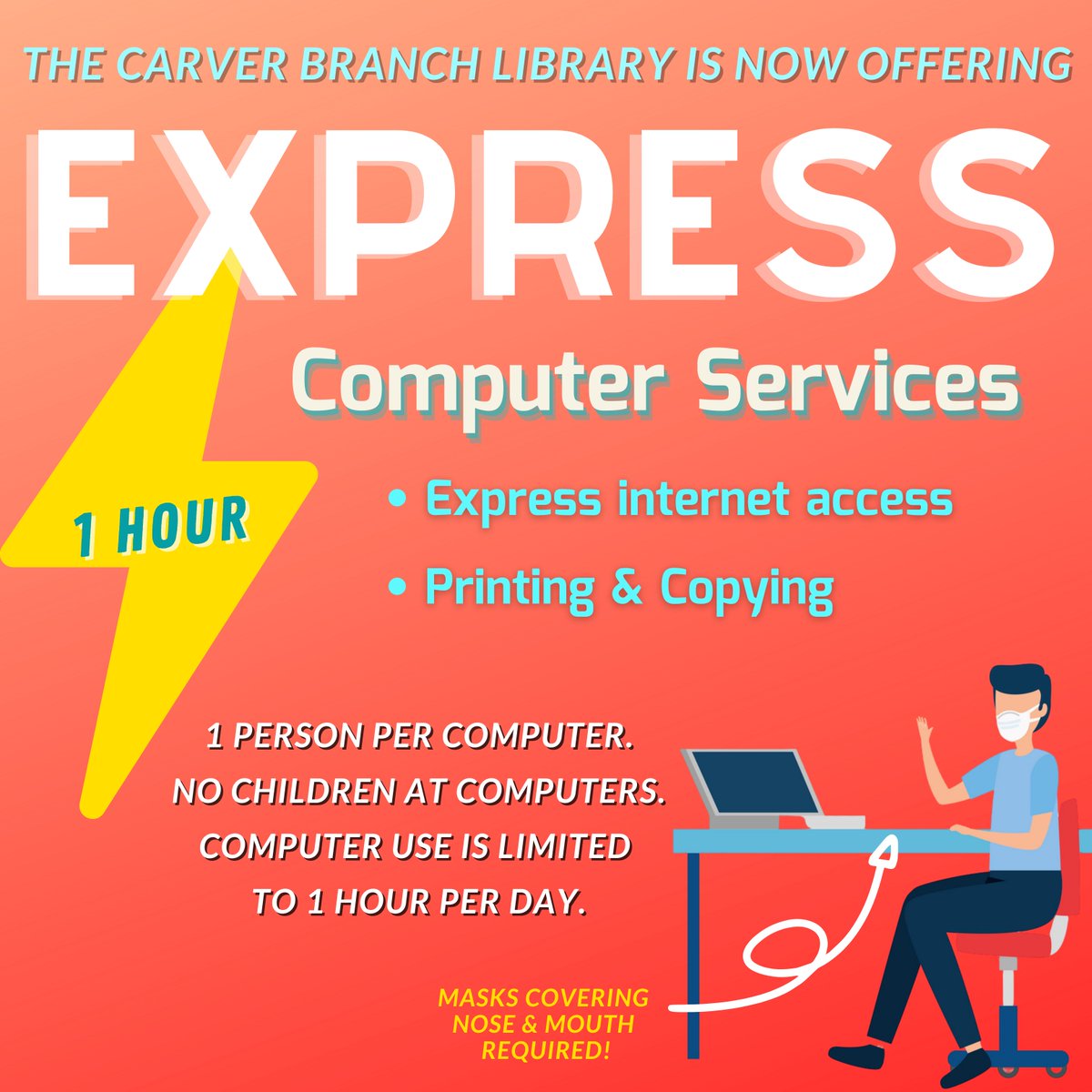Updates to our safety measures &amp; computer access are effective immediately❗️
Numbers of patrons allowed in at one time increase as follows:  Main Library: 30;  Children’s Library: 10; Branches: 15; except 4 in Bethel. Carver computer sessions increase to one hour per day🖥🖨