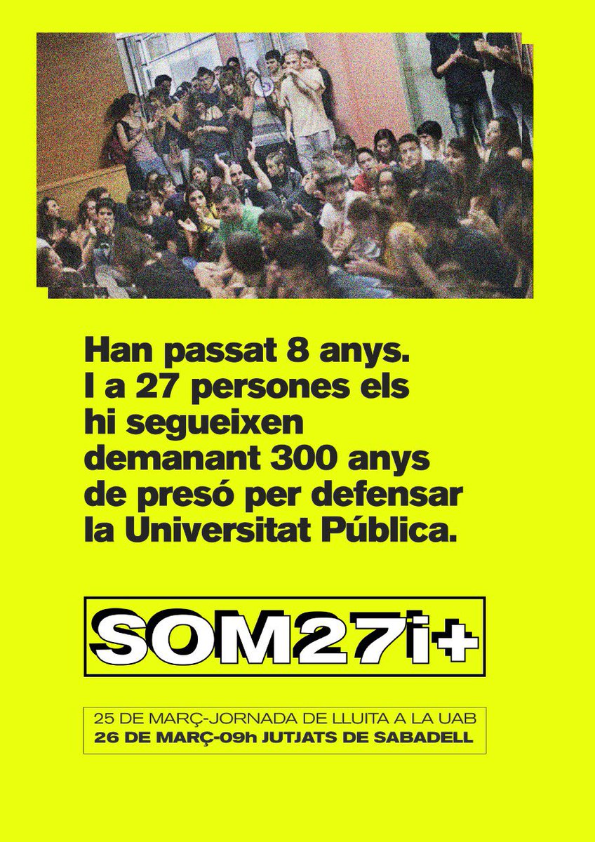 Demà <a href="/Som27iMes/">#Som27iMés</a> tornen a la UAB en una jornada de lluita, perquè tot plegat #VaValdreLaPena. 

Lluitar per la pública no és cap delicte i nosaltres tenim clar que ens mantindrem sempre al costat de qui la defensa. 🔥

✊🏽No falteu! #Som27iMés