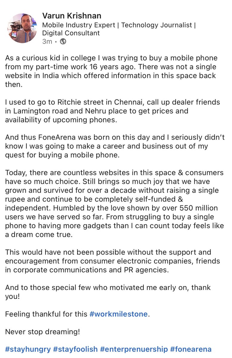 varunkrish's tweet photo. Sharing my LinkedIn post here on @FoneArena turning 16! 
#fonearena @FoneArena #Entrepreneurship https://t.co/HklOYPiW7k