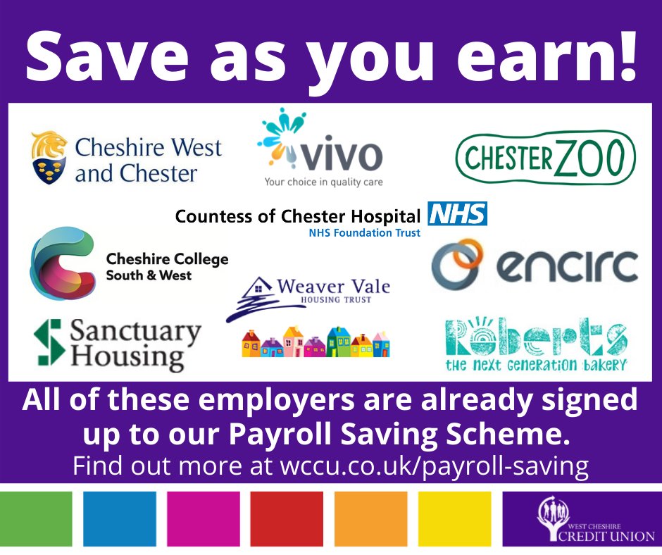 WCCU2's tweet photo. The easy way to save directly from your salary!
Can't see your employer listed? Get them to give us a call to find out how simple it is to set up with no cost at all to themselves. #staffbenefit #easywaytosave #notforprofit #flintshire #cheshire #communitybased #affordableloans https://t.co/N4LVzEu80M
