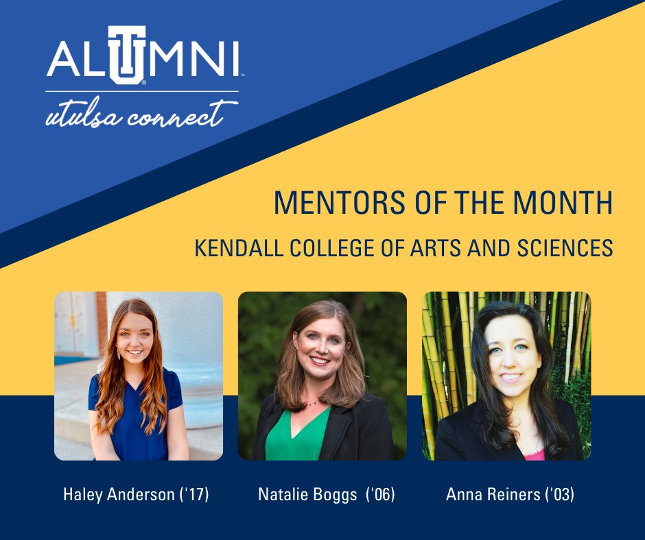 UtulsaAlumni's tweet photo. The utulsa connect professional development hub is made possible by #utulsaalumni who offer their advice to TU students as mentors. A special thank you to these #MentorsOfTheMonth from the Kendall College of Arts and Sciences! ๐ https://t.co/ryFrqLu0px https://t.co/xzt5zwFhvW
