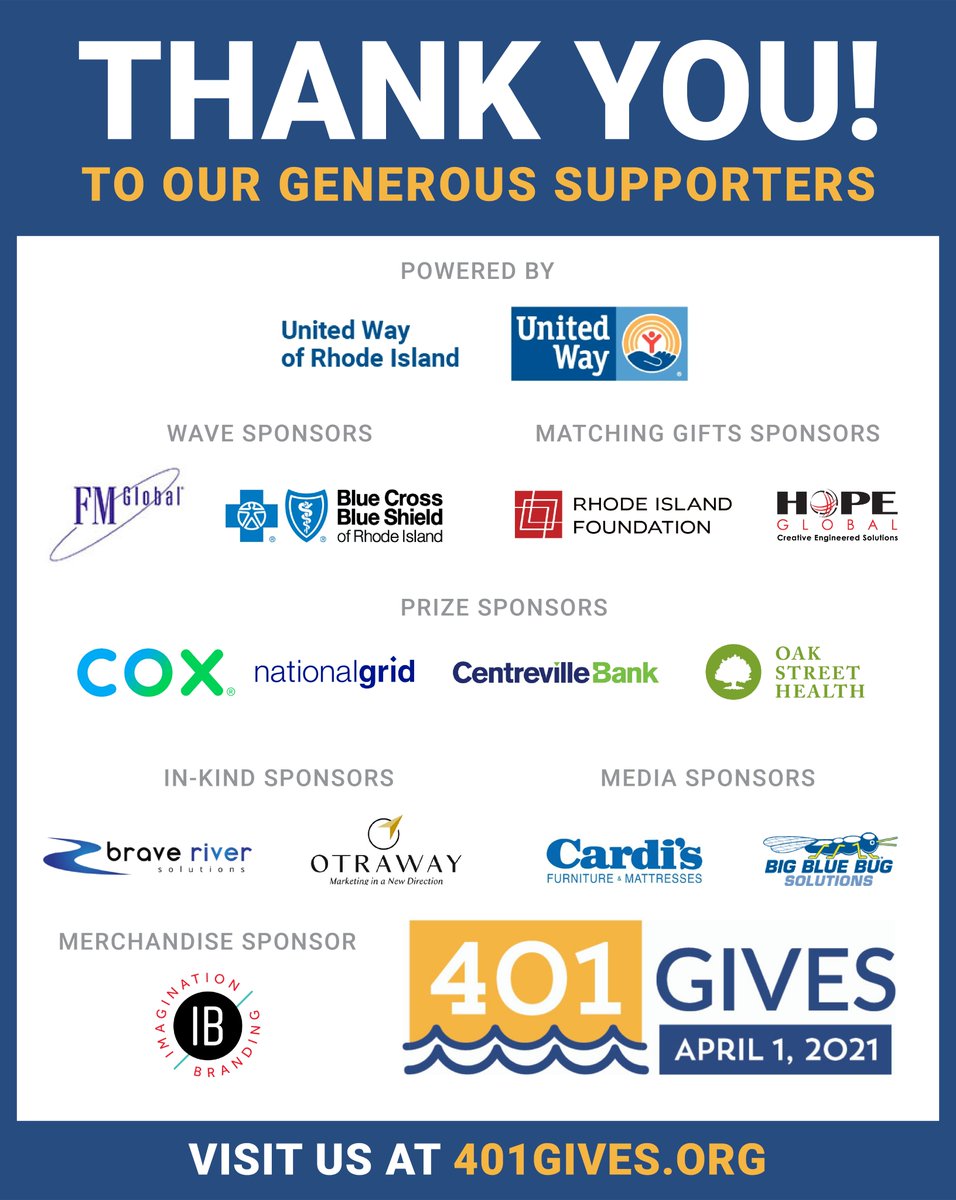 401Gives's tweet photo. As we approach #401Gives on 4/1/21, we can't help but feel a debt of gratitude to the incredibly generous sponsors and supporters that make this day happen! 

Join us in expressing a big THANK YOU! 

Visit https://t.co/kboVMTjzkA to see how these sponsors are fueling #401Gives. https://t.co/dlL5FFmnQ7