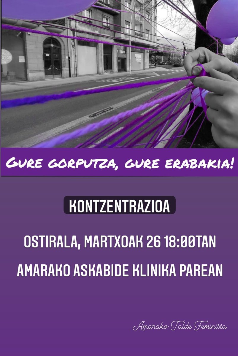 40 egun betetzear dauden ultrakatolikoen aurrean... Feminista guztioi dei egiten dizuegu ostiralean 18:00tan Amarako Askabide Klinika parera azaltzera, gure gorputza gure erabakia dela aldarrikatzeko! ✊✊🏾✊🏽

GORA BORROKA FEMINISTA!!!