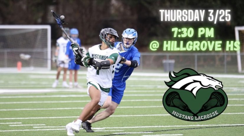 KMHSLax's tweet photo. Come cheer on the Mustangs as they take on the Hillgrove Hawks this Thursday at Hillgrove - Game Time 7:30!   🥍  🐎 @KMHSathletics https://t.co/gH3sTVQUvN