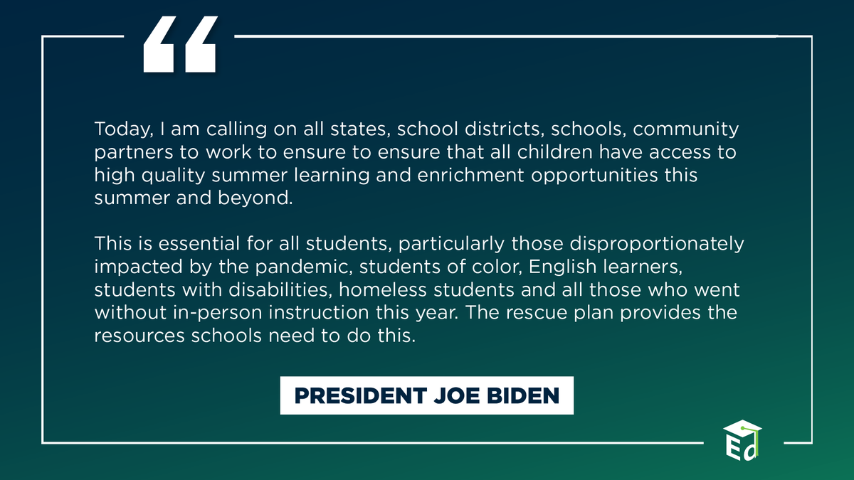usedgov's tweet photo. Today, @SecCardona announced the Summer Learning &amp; Enrichment Collaborative. This will build capacity for states and school districts to allocate ARP resources to implement evidence-based summer learning strategies that meet the needs of all students.

https://t.co/veb3A5mTIE https://t.co/hoBywMwUPp