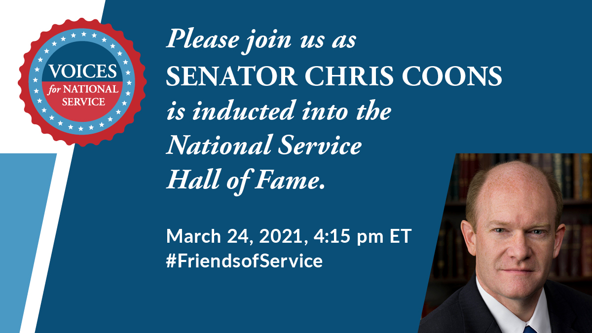 Voices4Service's tweet photo. Follow us at #FriendsofService today at 4:15PM ET. @Voices4Service will induct Sen. @ChrisCoons into the #NationalService Hall of Fame! https://t.co/TSqIZn0Cqj