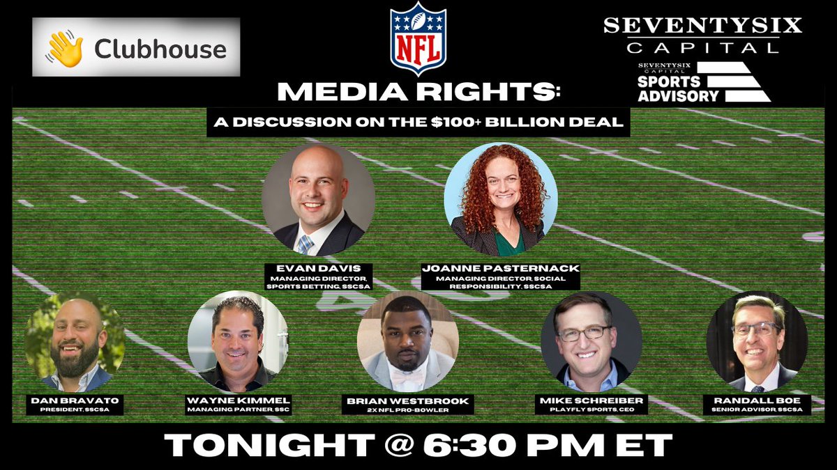 76Capital's tweet photo. We're excited to welcome @SSCSAdvisory MD of #SportsBetting, @ewdavis, and MD of #SocialResponsibility, @jpasternack, to tonight's @joinClubhouse discussion on the #NFL media rights deal! 

Make sure to tune in tonight at 6:30 PM ET on #Clubhouse👇

https://t.co/eEXqjKxspJ https://t.co/A4dt6rH3P9