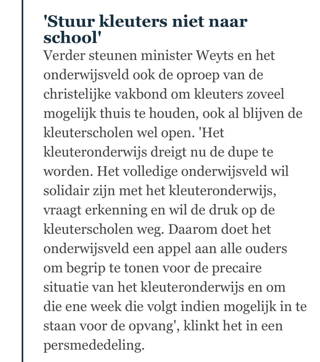 Wat een absurde onzin. Wil je niet dat kleuters naar school gaan? Sluit de kleuterscholen. Laat je de scholen open? Heet elke kleuter dan welkom. Maar de scholen open houden, en tegelijk wat lopen zeuren dat de kinderen best niet komen? Wat een klucht.