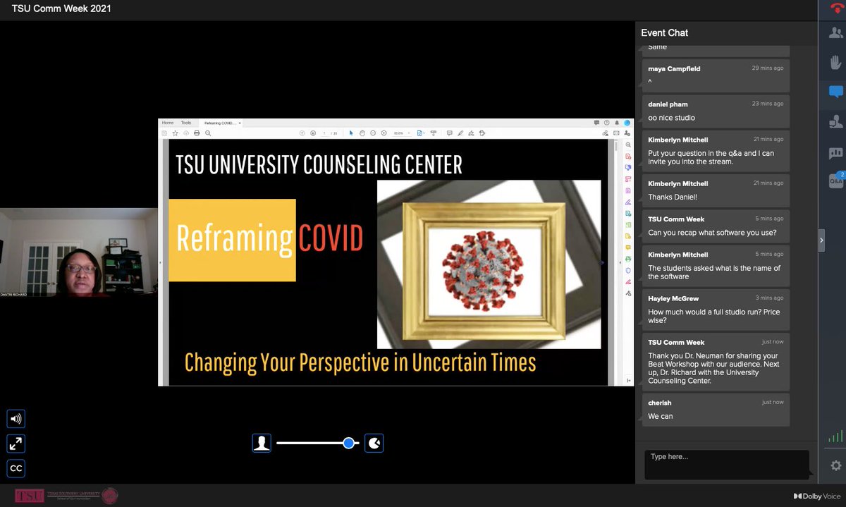 Ktsu2N's tweet photo. Dr. Dantri Richard guides students through positive mental health tips and ways to cope living with COVID-19 #TSUCOMMWEEK #KTSU2News #KTSU2 #TwitterNewschat https://t.co/3RUZ9BKjGX