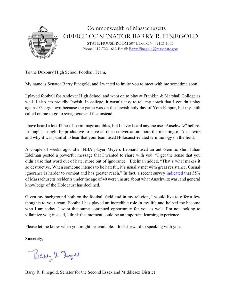 My open letter to the Duxbury High School Football Team: