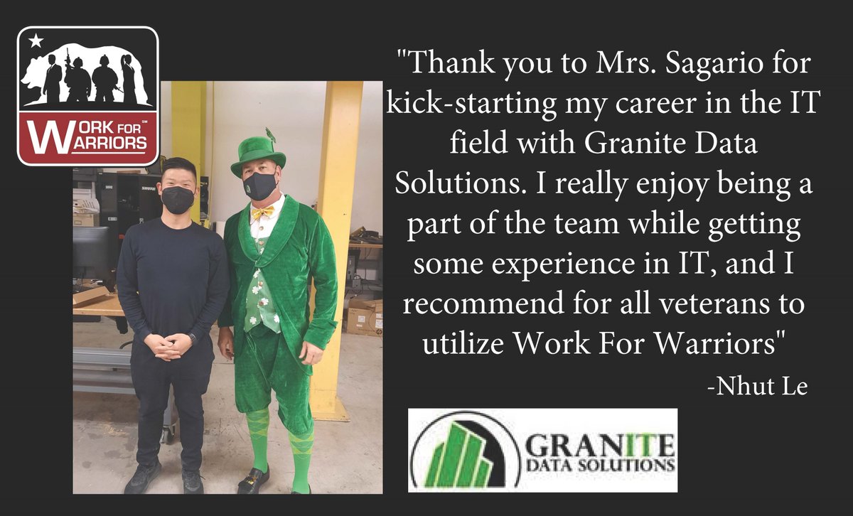#gethired! Land your next #career with us.

🎉Congratulations Nhut Le on your new position🎉
#thankyou Granite Data Solutions for your partnership!

#veteransemployment #hiremilitary #hireveterans #thankyouthursday