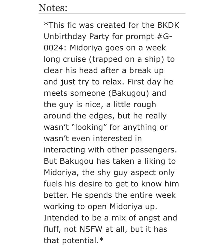 #BKDKUnbirthday2020 #bkdk #bakudeku #nsfw 

Took me some time, but here is chapter one of my second piece for <a href="/Bkdk_Birthday/">BKDK Unbirthday Party</a>! Izuku goes on a Mediterranean cruise, meets Katsuki, and eventually falls in love with him.

You can read chapter one here: archiveofourown.org/works/29713170…