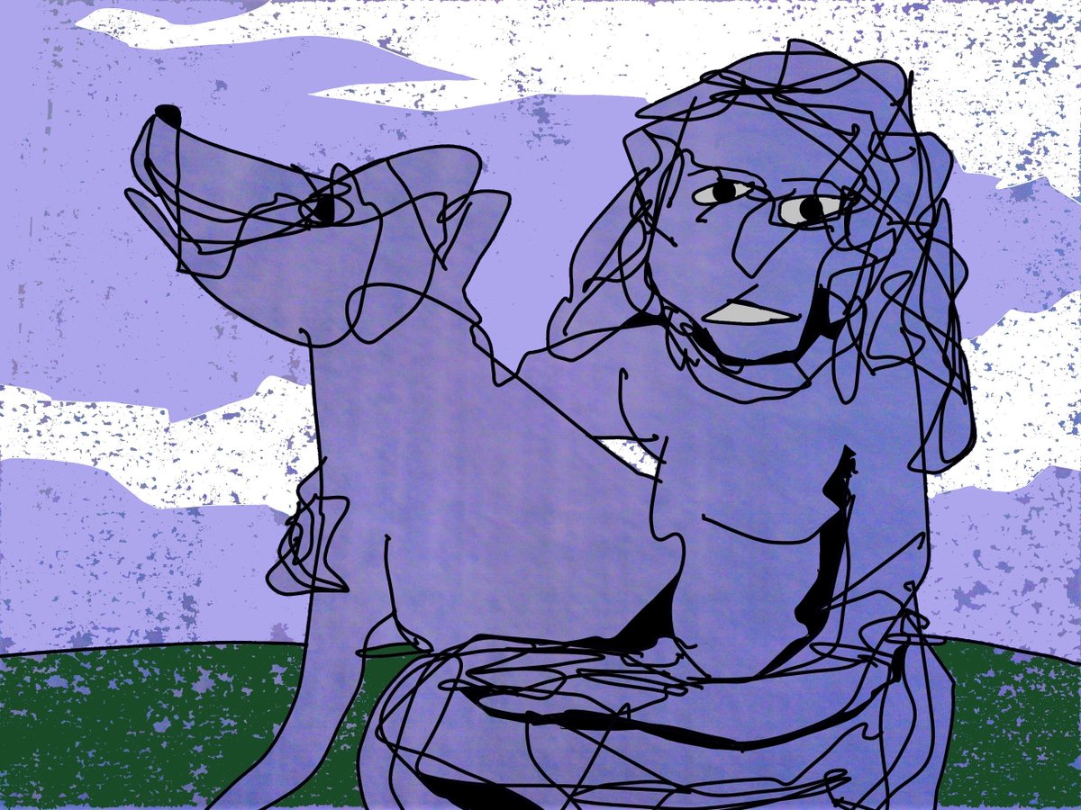 PDean_Yeah's tweet photo. "Woman With Her Dog", drawn last weekend with eyegaze technology. #DrawingWhileDisabled #DisabledArtists #ALS #LouGehrigsDisease #MND #EyeGaze #EyeGazeArt #dogs #DisabilityTwitter https://t.co/QbHAsZv2nZ