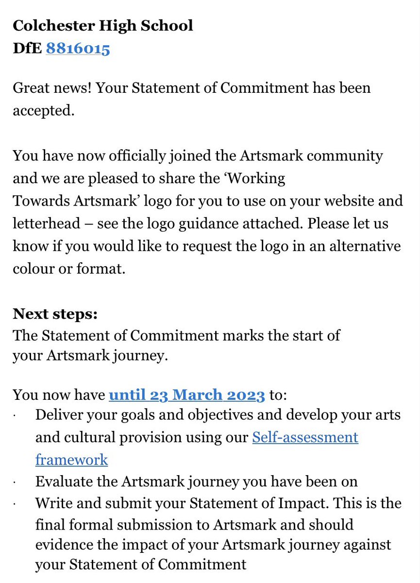 CHSMusic2's tweet photo. Hurray! We’ve officially embarked in our 2 year journey to achieve an @Artsmarkaward 🙌🏻!! Exciting changes + opportunities placing Arts and Culture at the centre @ColchesterHigh More information coming soon to our community so watch this space...👀😊@CognitaSchools @ace_national https://t.co/YH5jyNq2kN