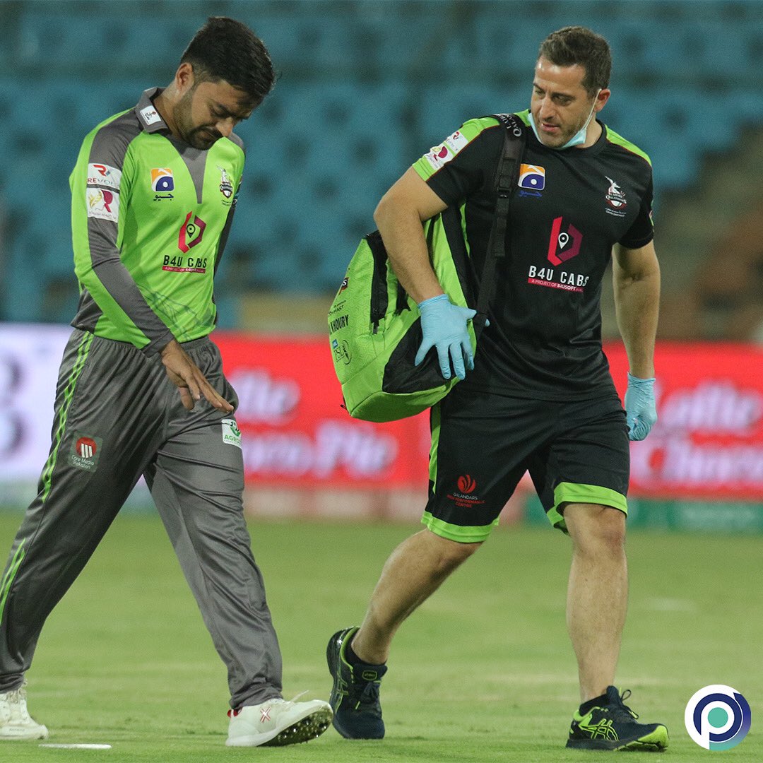 PhysioScienceUK's tweet photo. Ouch! Rashid Khan injures a finger during his last game for the Lahore Qalandars. See if you can spot a familiar face.

#psl #lahore #qalandars #pcb #physiotherapy #physio #physicaltherapy #physiotherapist #rehabilitation #fitness #training #exercise https://t.co/fkoXLQfKQa