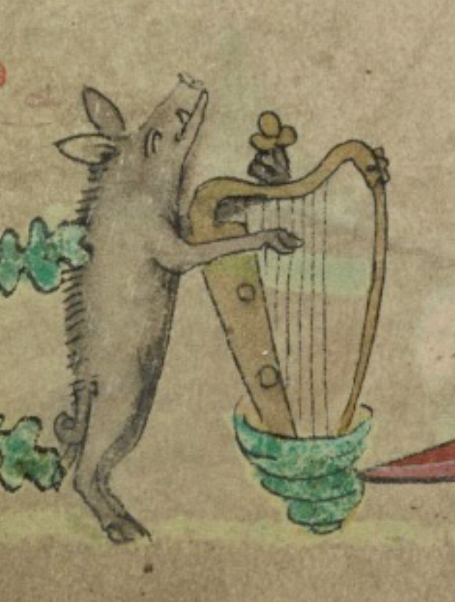 red_loeb's tweet image. Introducing the musical boars! 

BL Harley 6563; Book of Hours; c.1320-c.1330; England, S. E. (London); ff.41v, 41r @BLMedieval