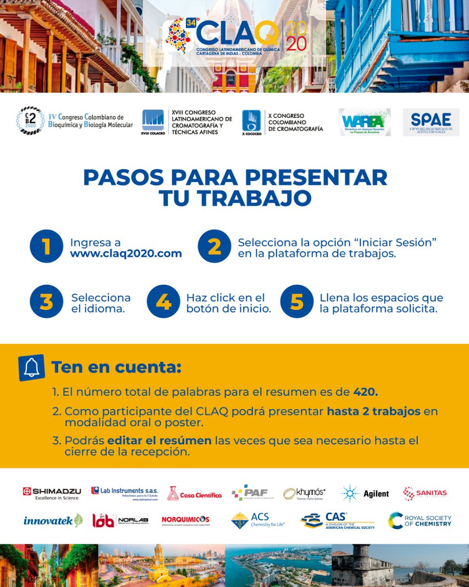 SOCOLQUIM's tweet photo. Aún estás a tiempo de postular tu trabajo en modalidad Oral, hasta el 1 de abril de 2021
Postula tu trabajo en https://t.co/uJVm5iJXip, siguiendo estos pasos.
#yovoyalclaq #XVIIICOLACRO #IVC2B2, #IISPAE https://t.co/1hXLiPcrxN