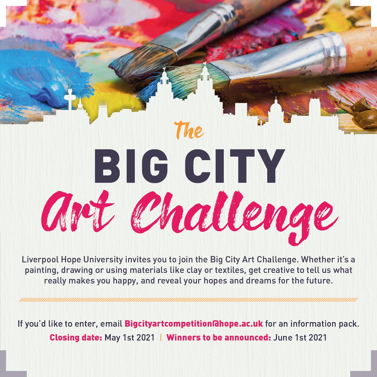 LisaMottram's tweet photo. The Big City Art Challenge is open to all. For further information on how to enter email bigcityartchallenge@hope.ac.uk. Please spread the word.

@LivEchonews @BBCNWT @RogerJ_01 @AlderHeyCharity @lpoolcouncil @MrMickCoyle @theAlbertDock @garymillar 

#bigcityartchallenge https://t.co/VOdRPOV8Lm