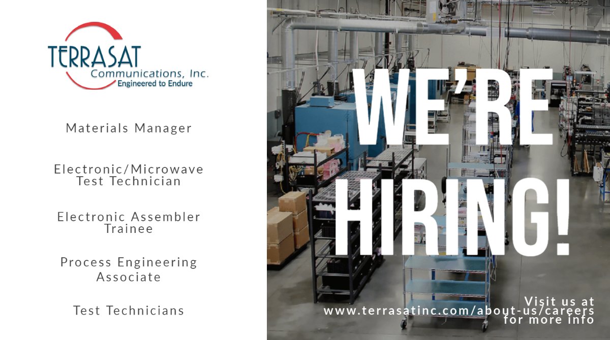 TerrasatCom's tweet photo. We're hiring! We're looking for qualified candidates to join our team in #MorganHill. For more information, visit our website at https://t.co/4HzA5RJIxA &amp; apply. #Manufacturing #TerrasatInc #Satcom #Jobs #BayArea https://t.co/oFCQOL0lpS