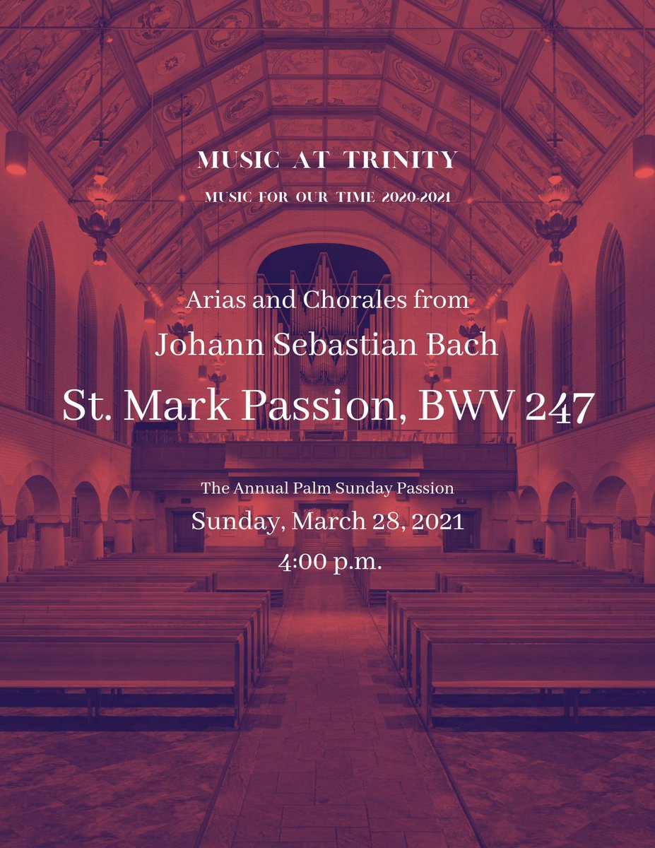 MusicatTrinity1's tweet photo. Palm Sunday, March 28 @ 4pm #MusicatTrinityWorc presents #JSBach #StMarkPassion arias and chorales livestreamed on #YouTube from #TrinityWorc #TLCworcester https://t.co/6YUWfucpb8 #ELCA #Lutheran #WorcesterMA #PalmSunday https://t.co/FTzNM01959