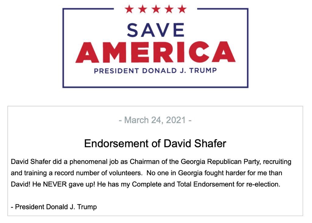 DavidShafer's tweet photo. Grateful for President Trump’s support of my re-election as State Chairman of ⁦@GaRepublicans⁩. https://t.co/HmCdJzY9hu
