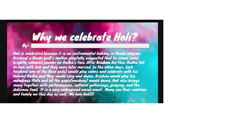 VWLibrarian1's tweet photo. The VWJHS Multicultural Club students who celebrate Holi (3/28-3/29) put together an AMAZING presentation explaining ALL about the festival. It was soooo informative. Thank you all! Devanshi, Pallavi, Saniya. #multiculturalclub #Holi @WCSDEmpowers @GriffinPride2 https://t.co/lOd3YIQhoN