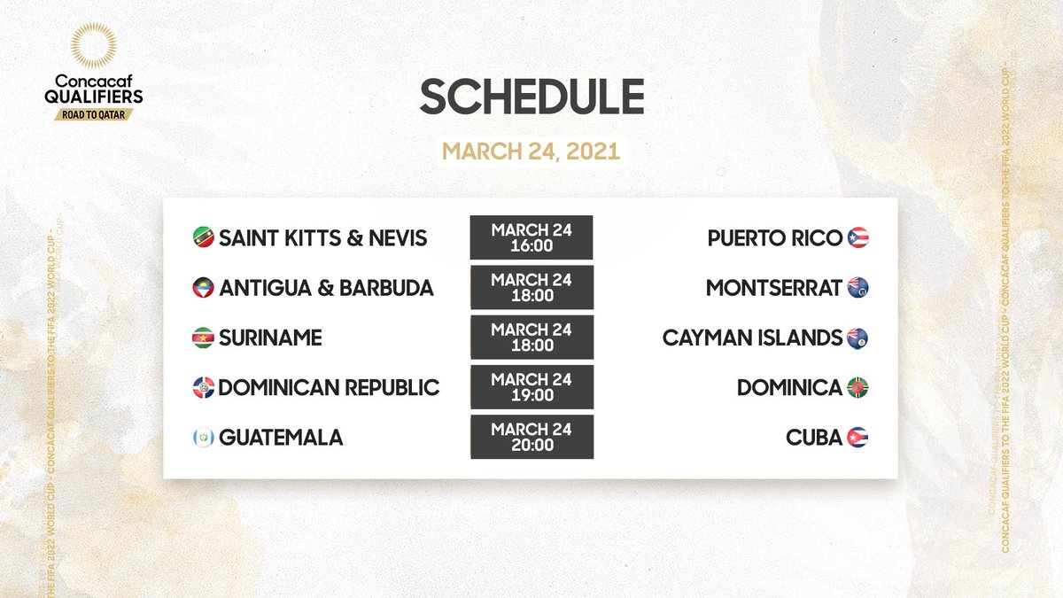 Concacaf's tweet photo. Concacaf Qualifiers for the FIFA World Cup kicks off this week! Here are today's matchups 👀 #CWCQ https://t.co/7ClG8XRpv2