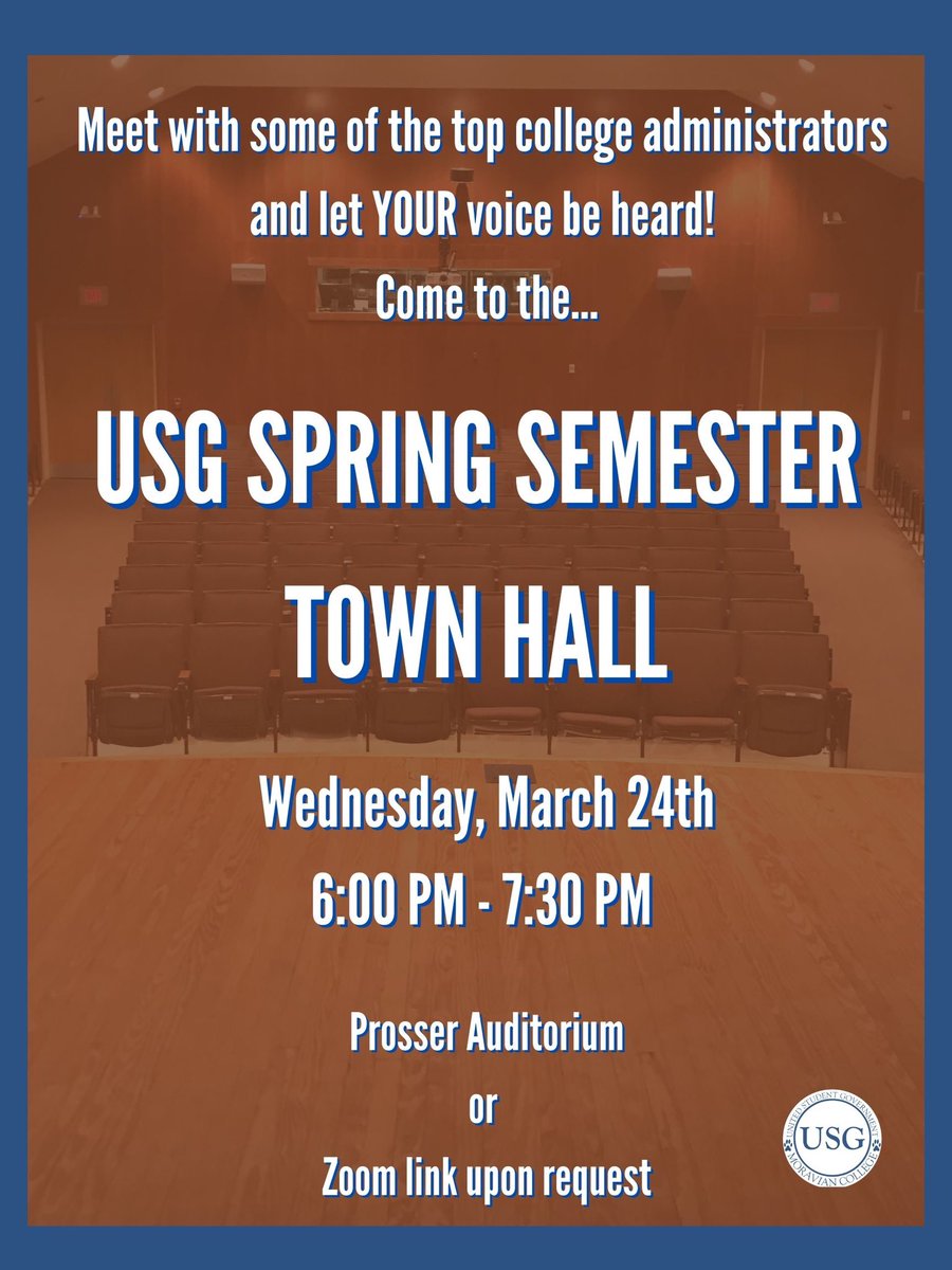 MoravianUSG's tweet photo. The Spring Semester Town Hall is tonight at 6! Let your voice be heard! https://t.co/KQtgSQSHSt