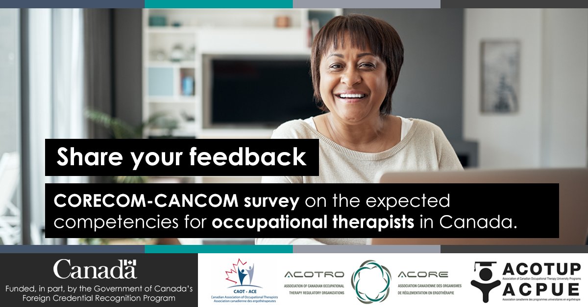 CollegeofOTs's tweet photo. Occupational therapists, we want to hear from you!
The #CoreComCanCom project is developing a single competency document for occupational therapists in Canada 🇨🇦
Complete the survey and review the expected competencies for OTs in Canada: https://t.co/NIqP4ySaNL https://t.co/lmI0ea55pv
