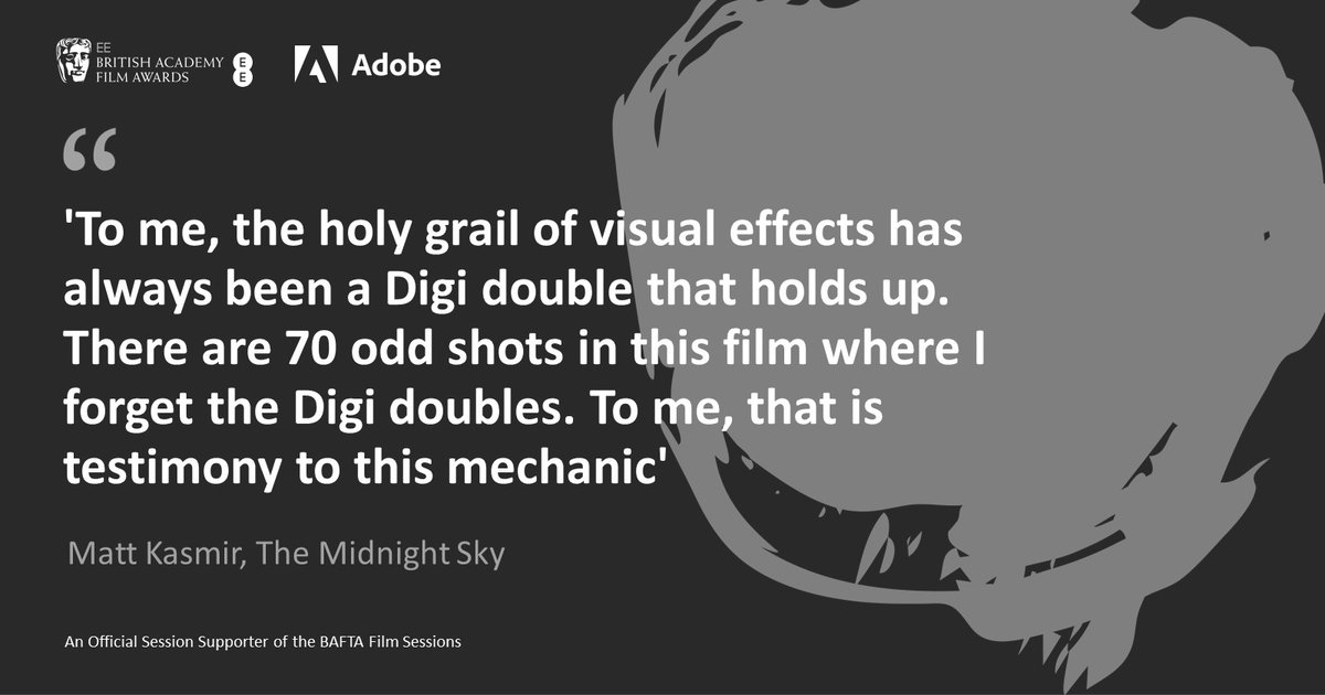 AdobeUK's tweet photo. Live from our Special Visual Effects @BAFTA #EEBAFTAs online Q&amp;A, featuring Matt Kasmir @midnightskymov. Digi Doubles are the holy grail...

Join us now on YouTube https://t.co/nr5R4lMcFi https://t.co/YQTX3BcMMc