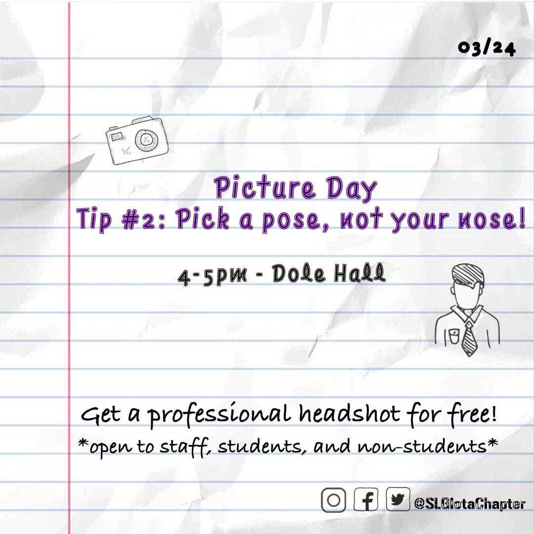 SLGIotaChapter's tweet image. Need a new profile pic for LinkedIn? Get your picture professionally taken for free! Today 4-5pm in Dole Hall! (Across for Call Hall)