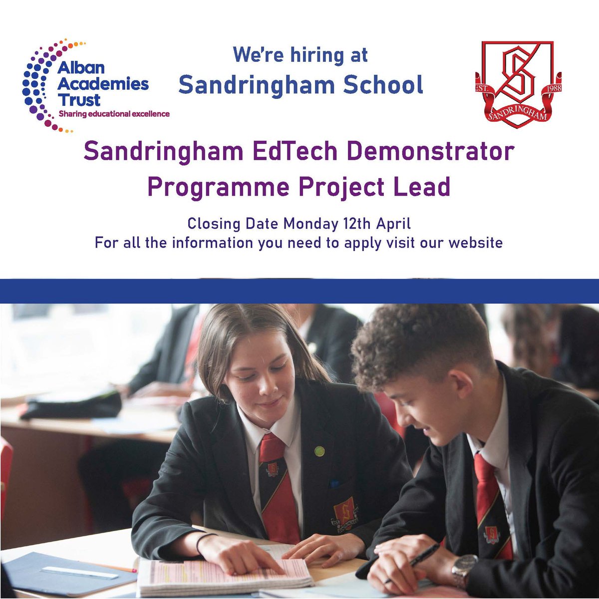 SandEdTech's tweet photo. We are looking to appoint a talented, enthusiastic and ambitious PROJECT LEAD to support the successful operation of the EdTech Demonstrator Programme at Sandringham School - Is this you? If so, further information can be found here: https://t.co/GOXVERf5vf https://t.co/DzmGnRBivG
