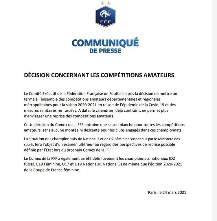 Communiqué de la FFF concernant la saison 2020-2021. 
🔴⚪️