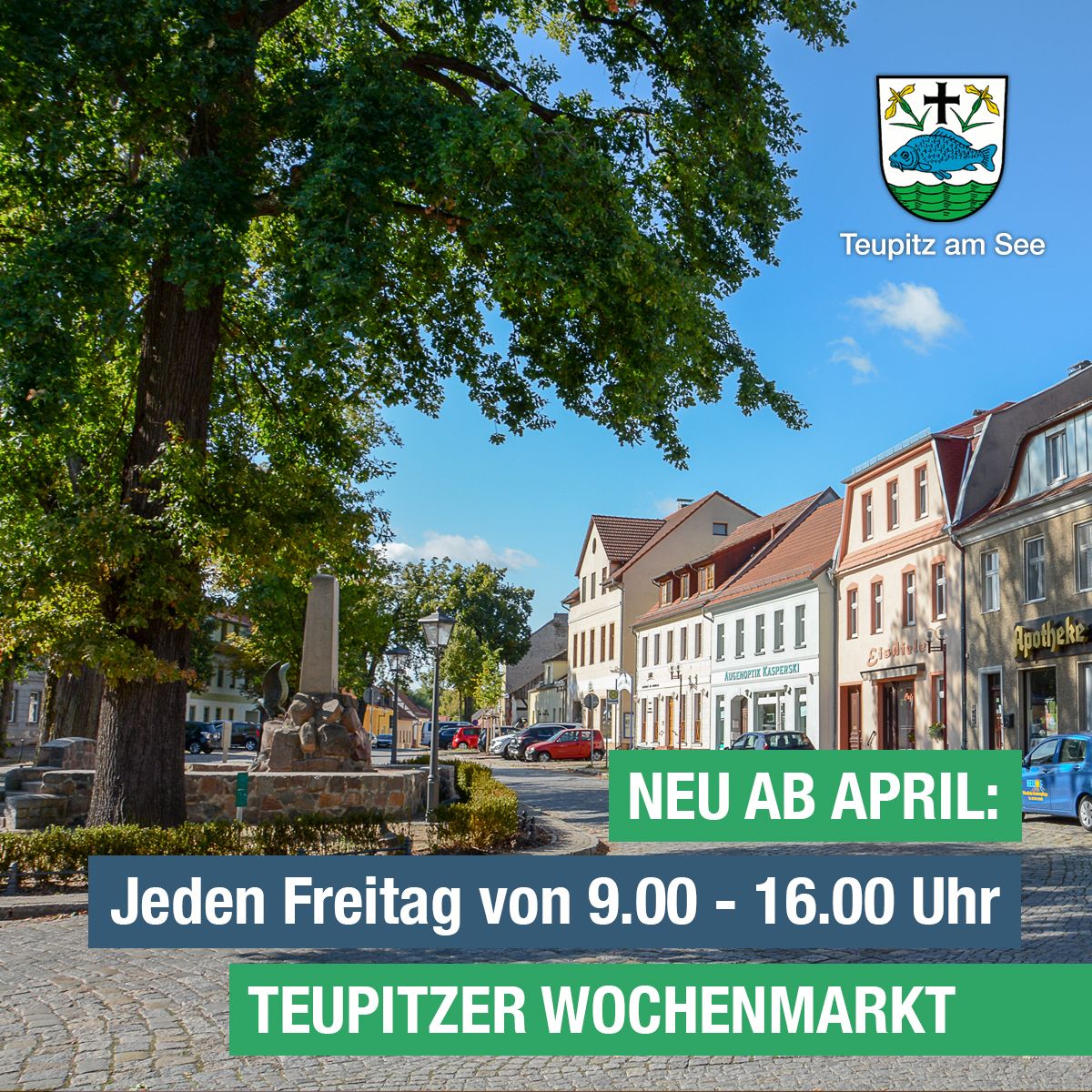 stadt_teupitz's tweet photo. Mit Unterstützung vom Amt können wir am 09.04. den Teupitzer Wochenmarkt eröffnen. Immer Freitags von ca. 09:00 - 16:00 Uhr am Markt in Teupitz. Bisher haben wir Bäcker, Landmetzgerei, Kanow Mühle, Obst, Gemüse &amp; Milchprodukte. Wir bemühen uns um stetige Erweiterung des Angebots. https://t.co/CZZIiSqLZy