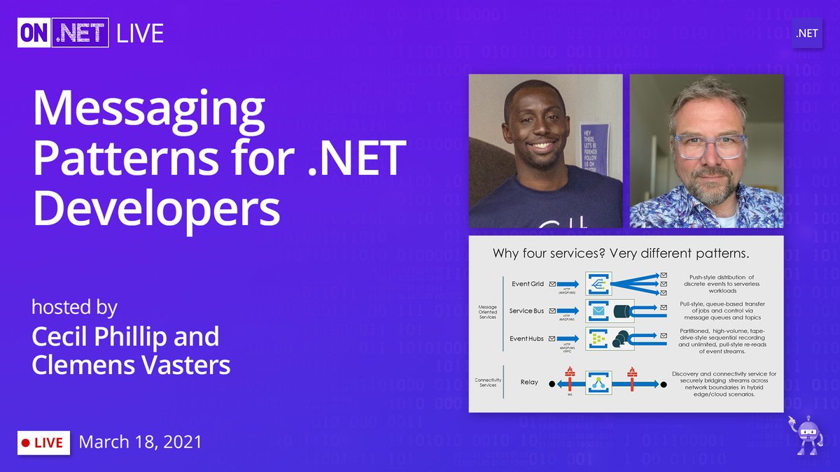 dotnet's tweet image. In today&apos;s #OnDotNET Live session replay, Principal Architect @ClemensV joins to discuss various #messaging patterns that we can make use of to communicate between the services in our distributed application. Watch here: msft.it/6017VuRaV
#Microservices #DistributedSytems