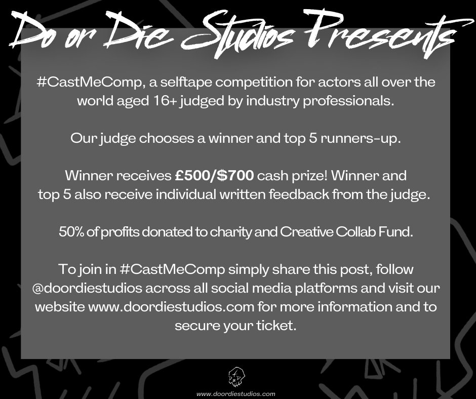 Our next #CastMeComp will be judged by Casting Director Nancy Bishop (<a href="/NancyBishopCast/">Nancy Bishop Casting</a>). Early bird tickets are now available for our 'First to Know' mailing list - please check emails to gain access. General sale at 8:30pm (GMT) doordiestudios.com