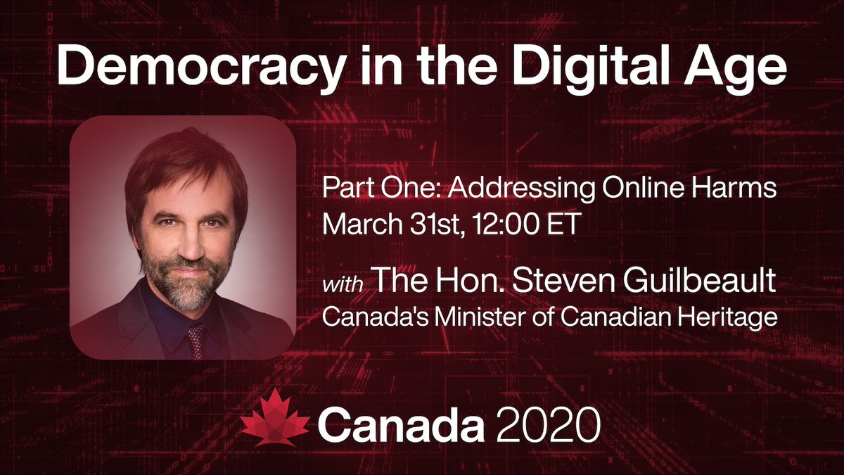 Canada2020's tweet image. Next week, we're launching Democracy in the Digital Age, a new series exploring the impact of technology on democracy. Join us for our kick-off event ft. @s_guilbeault, Minister of Canadian Heritage on how we can effectively address online hate.

Register👉ow.ly/mpvP50E7Fdy