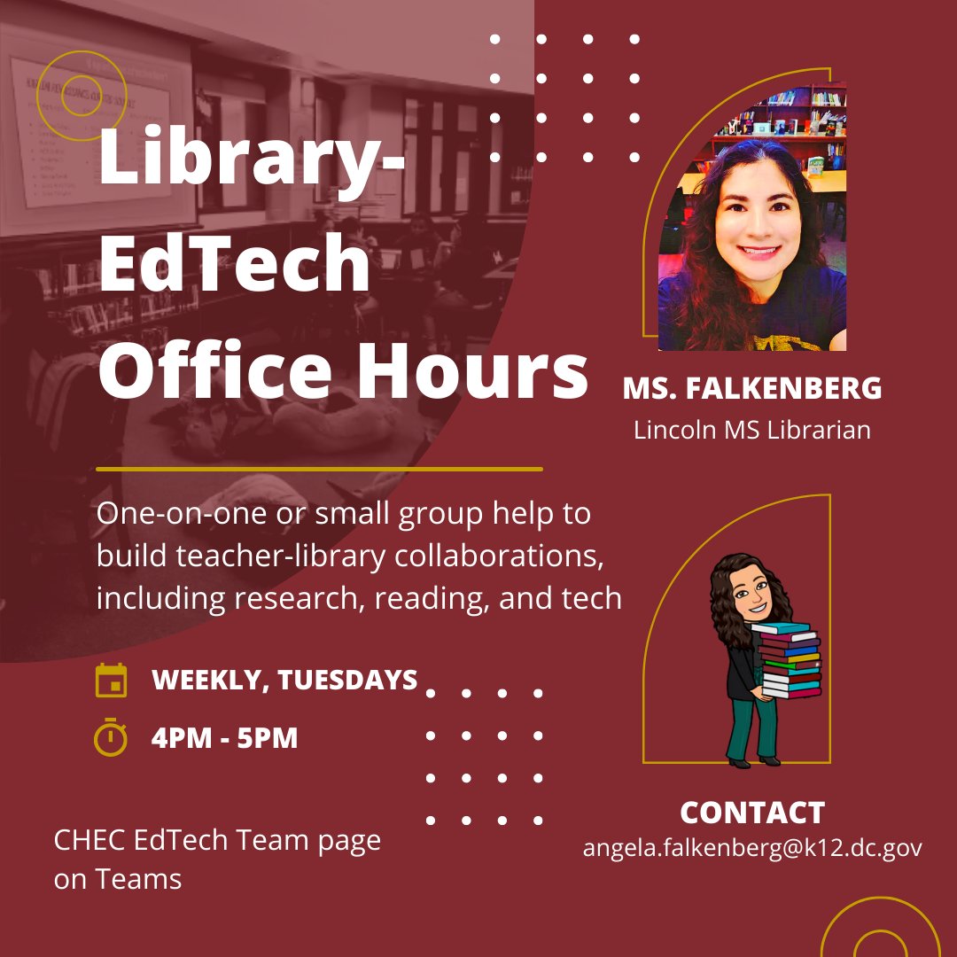 angfalkenberg's tweet photo. Swamped by emails & texts? @CHECDC staff, mark your calendars for Library-EdTech Office Hours on Tuesdays. Pop by Teams to collaborate on research projects, resource requests, reading joy, & school libraries advocacy! @DcpsLibrary #DCPSNeedsLibrarians #LibraryLiteracyLeaders https://t.co/KtwVXZRZOG