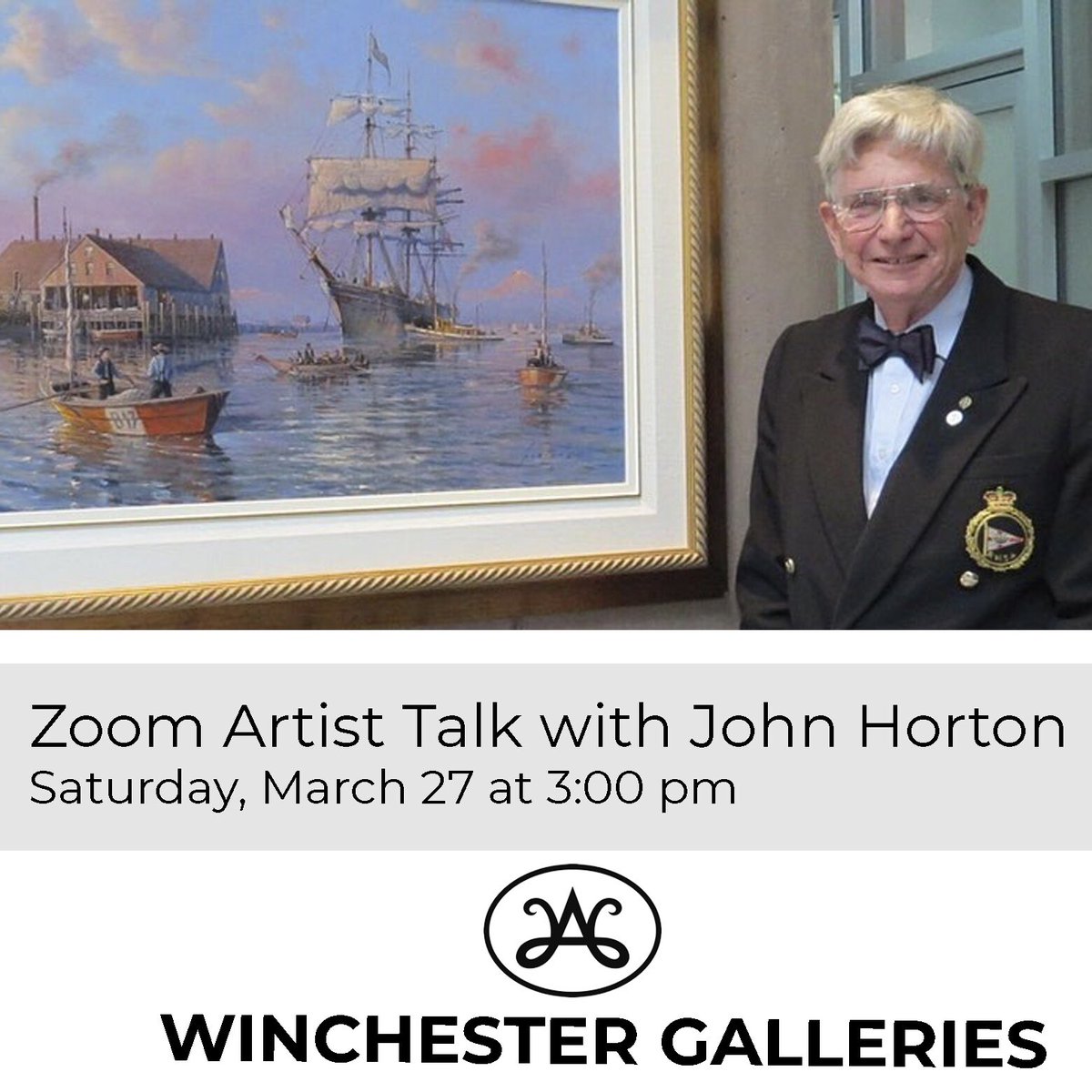 WGalleries's tweet photo. Please join us on Saturday, March 27 at 3:00 pm Pacific for a Zoom artist talk with renowned painter John Horton. Maritime Impressions, an exhibition of Horton’s works, is currently on display at Winchester Galleries.

To join, please follow this link:
https://t.co/KaGIBD7ivI https://t.co/ybBKF1uJPo