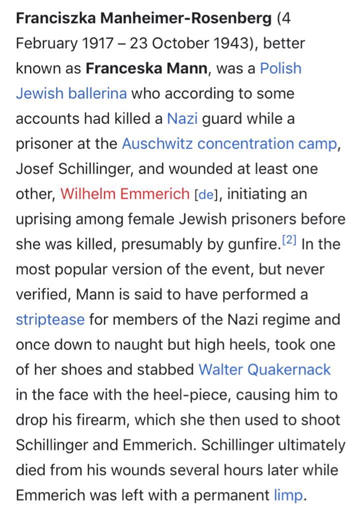 gothspiderbitch's tweet photo. Give me a movie about ballerina Franceska Mann, who stabbed a horny Nazi in the face with her stiletto and led an uprising of 600 Jewish women as they were being led to the gas chambers where one woman even bit an SS officer’s nose off, over another serial killer biopic any day. https://t.co/GRLeTIXhCZ