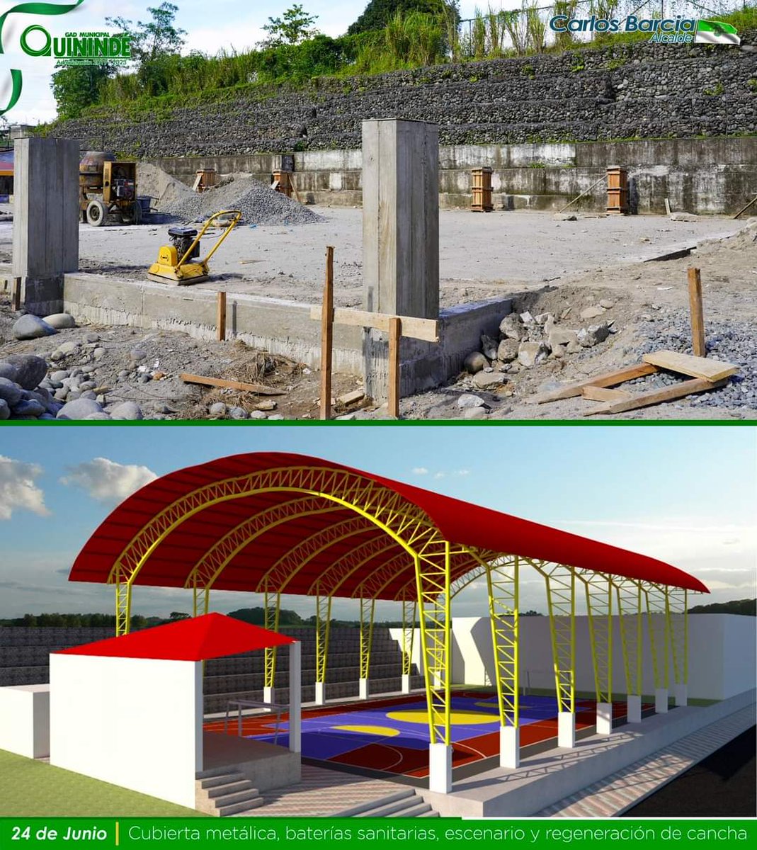 GADQuininde's tweet photo. ¡La Obra no se detiene! 
Arrancaron los trabajos de construcción de la cubierta metálica, baterías sanitarias, escenario y regeneración de la cancha de usos múltiples del barrio "24 de junio". 1/2 https://t.co/a0SEWy82Ng