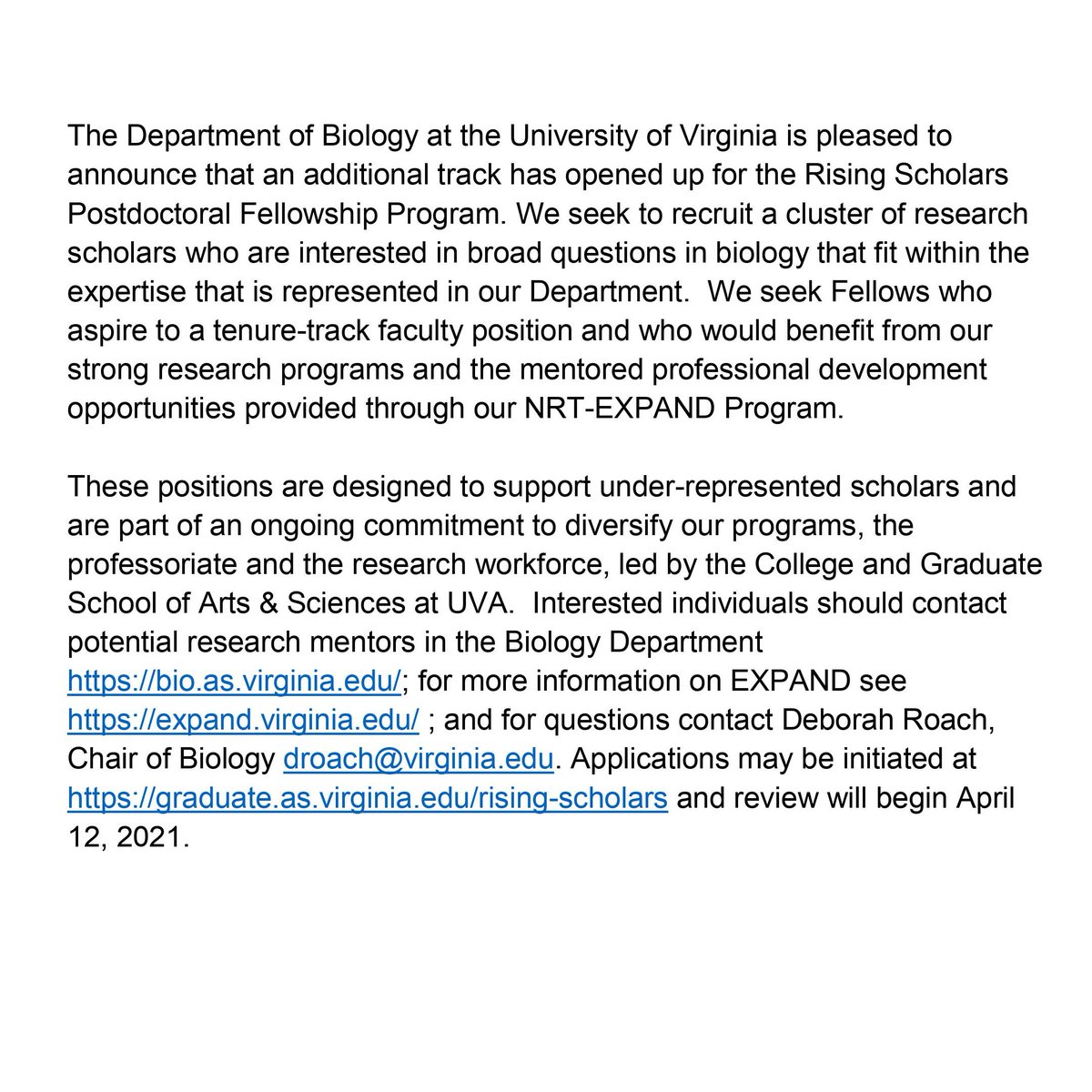uvabio's tweet photo. Expanded opportunities for our Rising Scholars Postdoctoral Program in Biology at UVA! This new initiative aims to support under-represented scholars  in preparing for tenure-track faculty positions.  Deadline April 12. Join us! https://t.co/8je8Domni5 https://t.co/rUxGDd7e8C