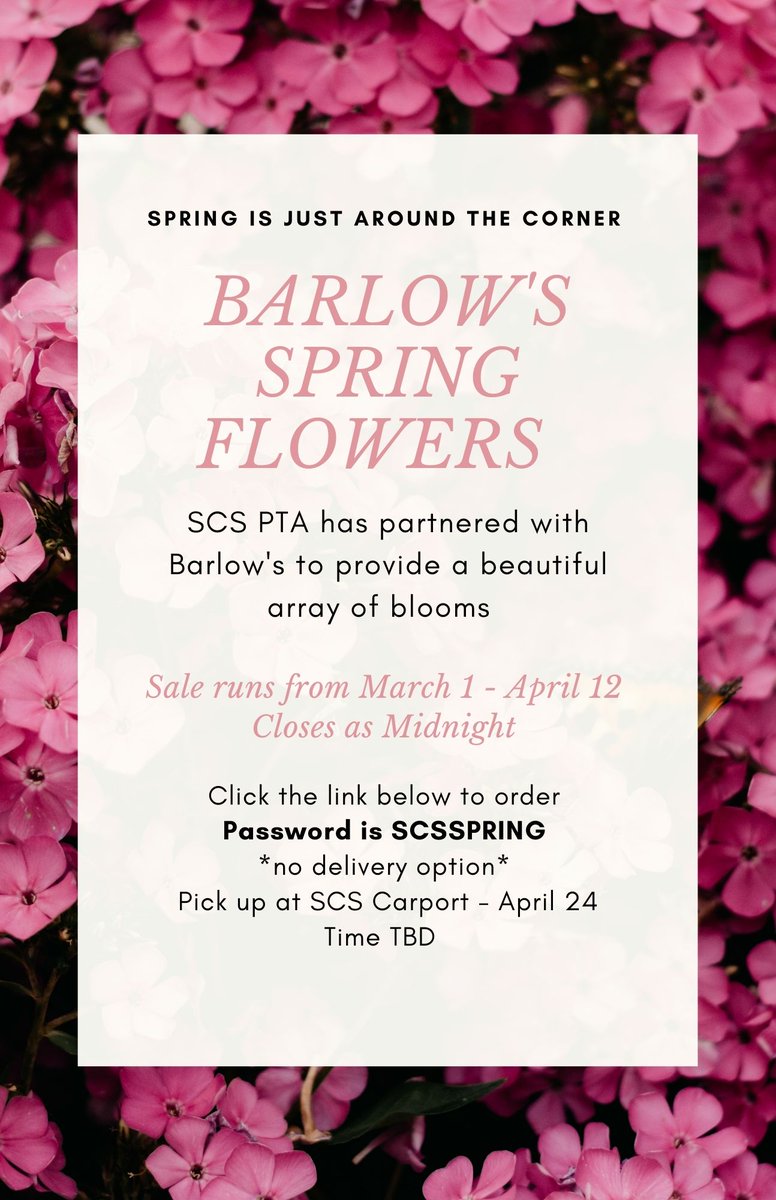 🌿Spring is here!🌸Order flowers from Barlow's today through 4/12 for pick up on 4/24 at the carport. 🌷 tinyurl.com/dn4dvbhf password: SCSSPRING (case sensitive) <a href="/SCSprincipal/">St. Catharine School</a> <a href="/StCathStMarg/">St. Catharine Church</a>