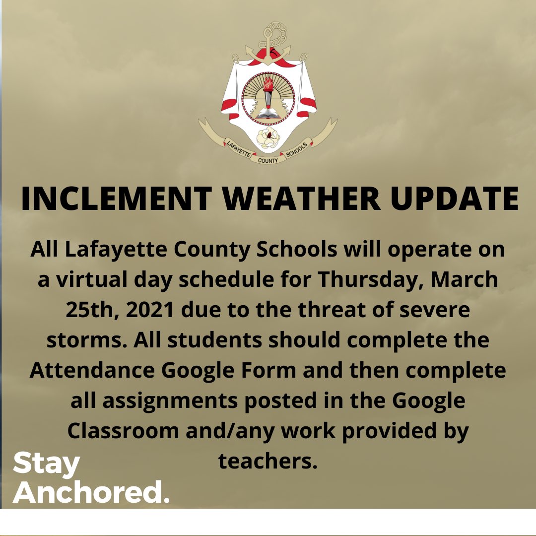 LafCo_District's tweet photo. 🚨 🚨  Inclement Weather Update 3/25/21 - Virtual School https://t.co/yZ6flSAoJt