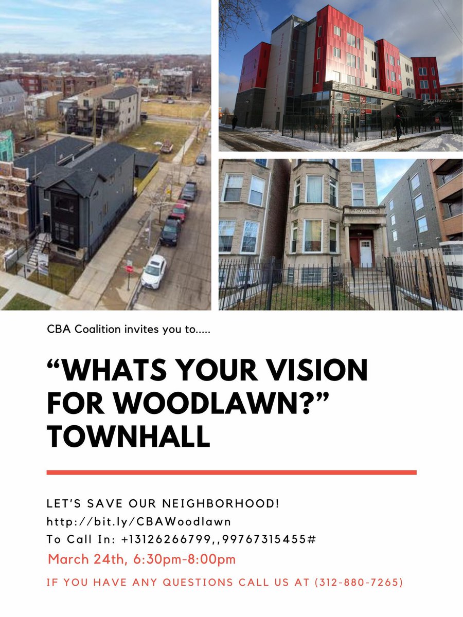 ObamaCBA's tweet photo. Good Afternoon beautiful people! Come out to our “What’s Your Vision for Woodlawn” Townhall on March 24th, 2021 at 6:30pm. Share the flyer and use the link below to join today!
FB Event --> https://t.co/W2obuYZ4rU
Zoom Link---> https://t.co/JC7uyDjfXm
#ObamaCBA #CBANow https://t.co/3WwmGTIsq7