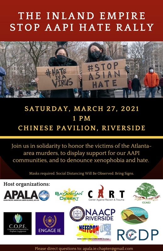 CCAEJ's tweet photo. Join us this Saturday, March 27th at 1PM to rally against hate and xenophobia and stand in solidarity with our AAPI community and to honor the victims of the Atlanta-area murders. #JusticeForAll #endracism https://t.co/WNKIgiRKqz