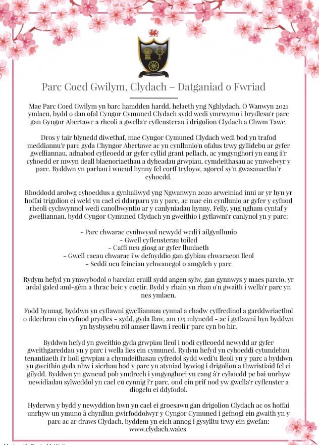CCClydachCC's tweet photo. Statement of Intent by Clydach Community Council on Coed Gwilym Park
🌳🌺🌳🌺
Datganiad o Fwriad gan Gyngor Cymuned Clydach ar Barc Coed Gwilym. #cyffrous #exciting #Clydach https://t.co/1o1ws66kRR