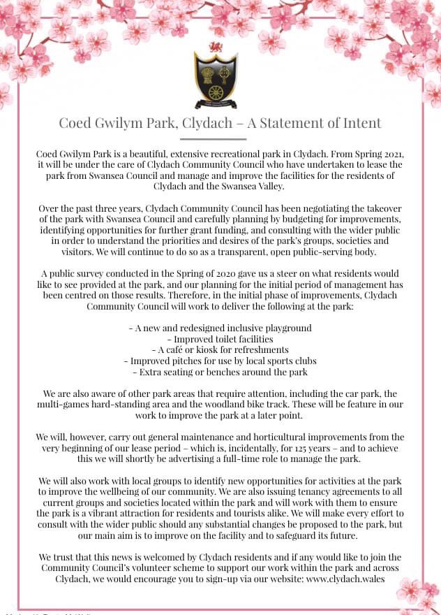 CCClydachCC's tweet photo. Statement of Intent by Clydach Community Council on Coed Gwilym Park
🌳🌺🌳🌺
Datganiad o Fwriad gan Gyngor Cymuned Clydach ar Barc Coed Gwilym. #cyffrous #exciting #Clydach https://t.co/1o1ws66kRR